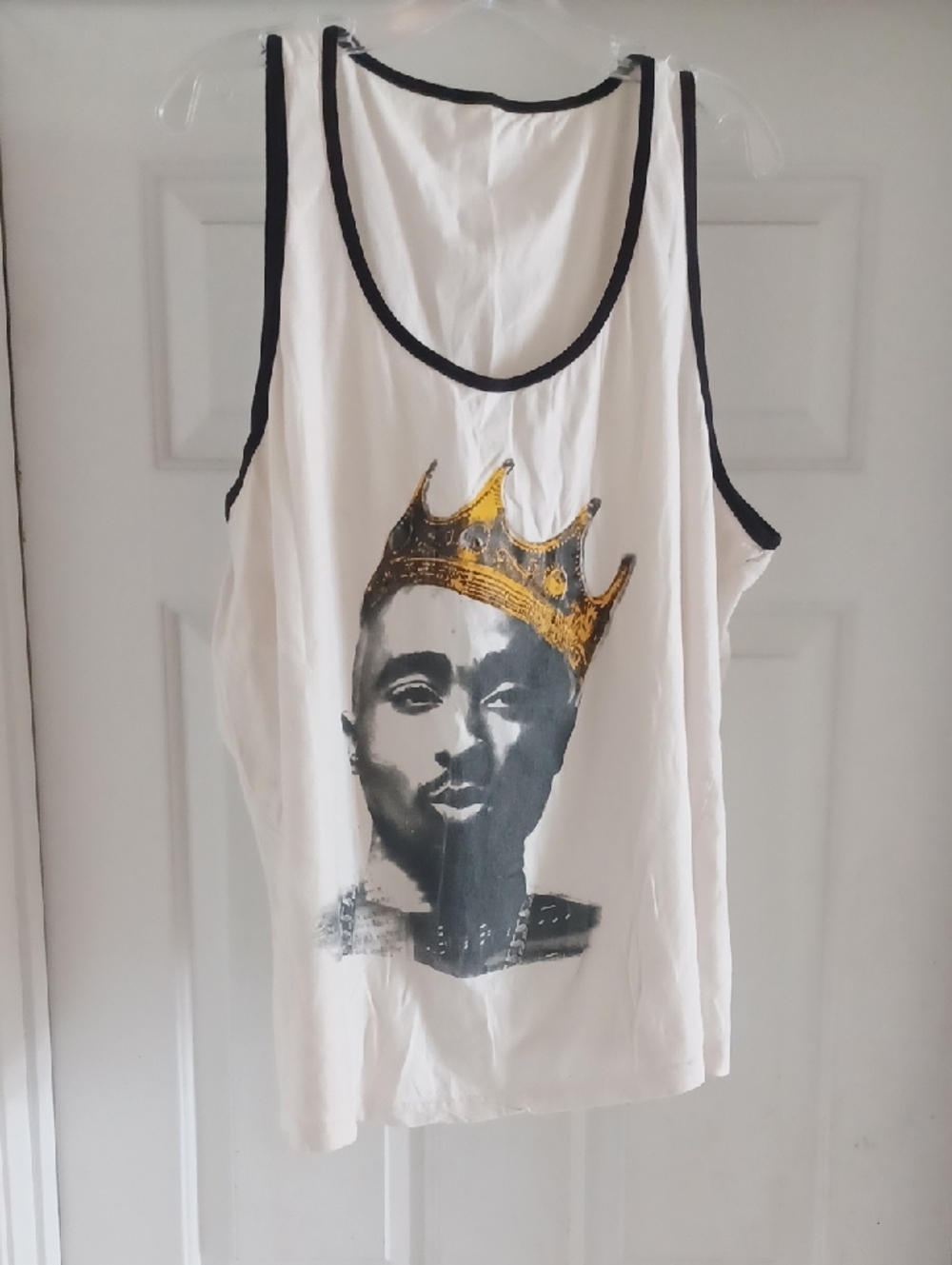 Tupac White Tank Top with Black Trim and Gold Crown Graphic